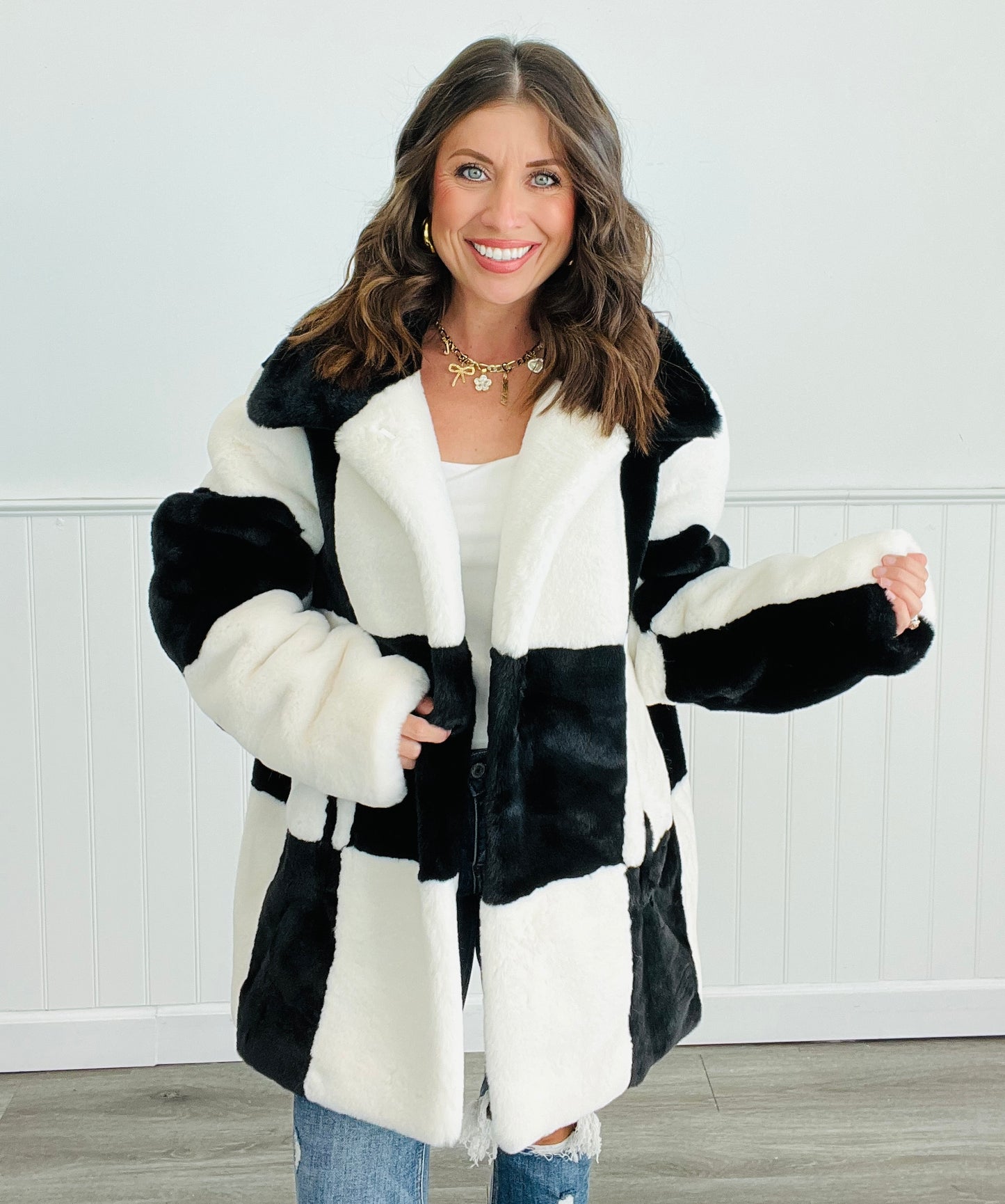 Black/White Faux Fur Checkered Coat (Reg. & Plus) Walker Rose Boutique