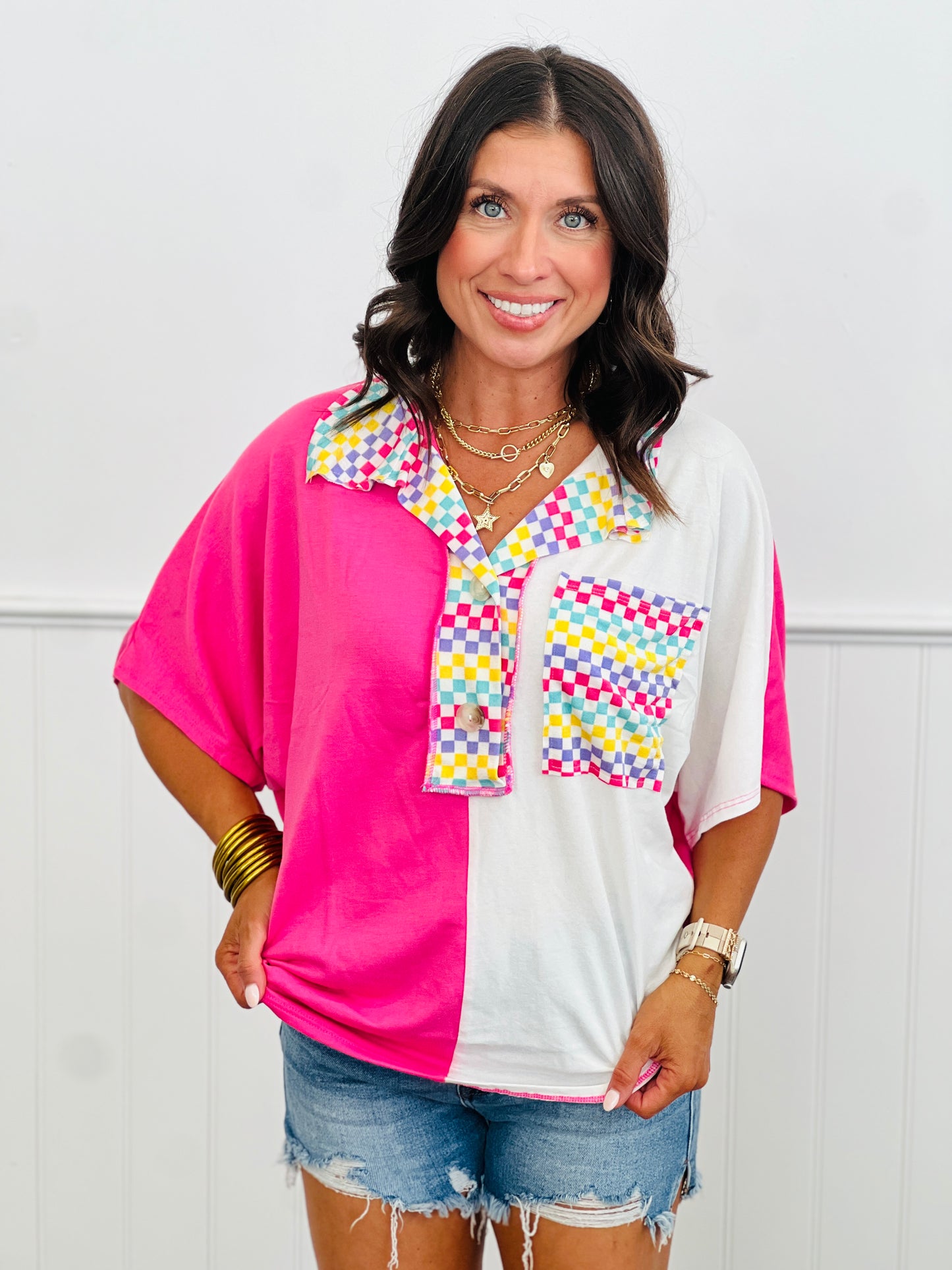 Multi Checkered Colorblock Contrast Top (Reg.) - 2 Colors