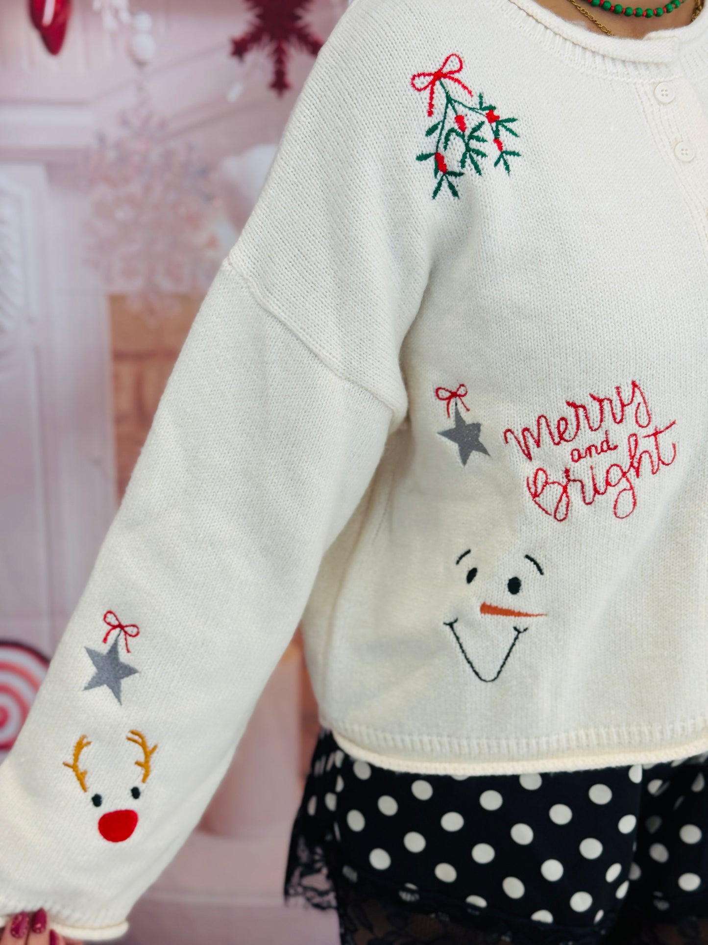 Ivory Embroidered Holiday Button Down Cardigan (Reg.)