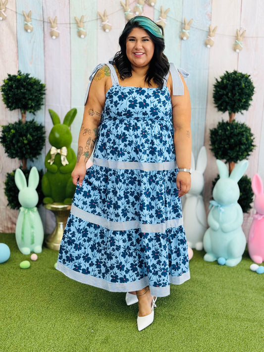 Blue Floral Tiered Midi Dress (Reg. & Plus)