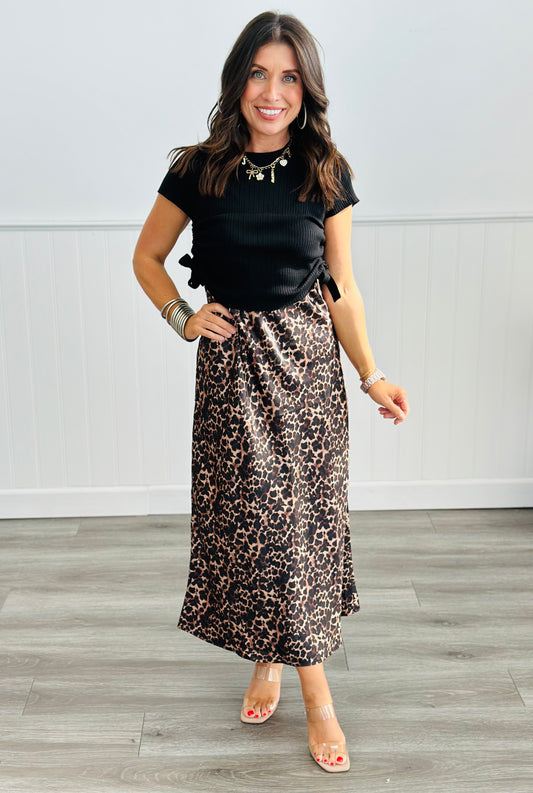 Black Knit Top Leopard Satin Midi Dress Set (Reg.)