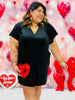 Black Gathered V-Neck Velvet Mini Dress (Reg. and Plus)