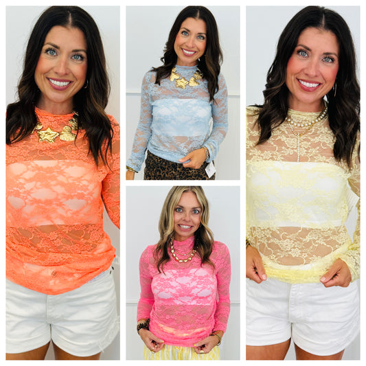 Floral Lace LS Mesh Top (Reg. and Plus) - 4 Colors