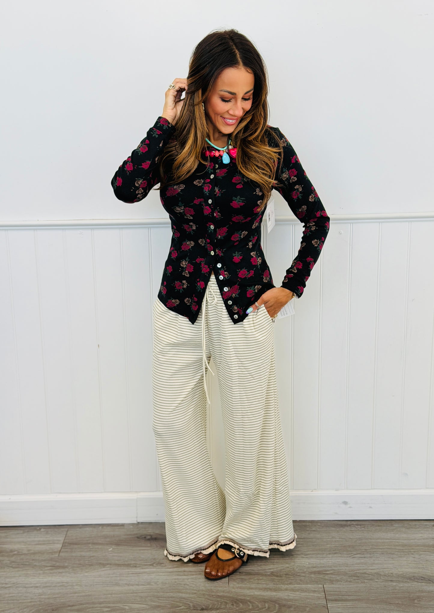 Black/Fuchsia Floral Long Sleeve Top (Reg. and Plus)