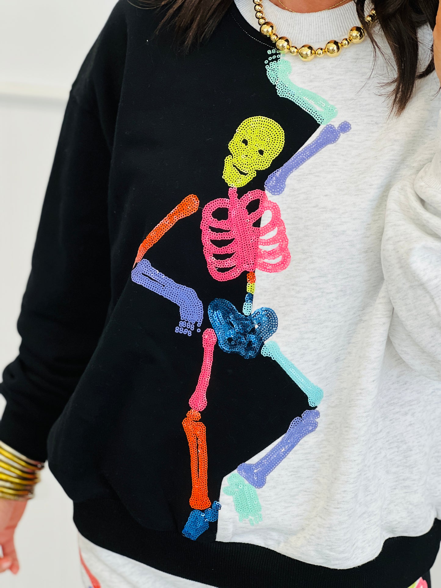 Queen Of Sparkles Black/Grey Colorblock Sequin Skeleton Sweatshirt (Reg. and Plus)