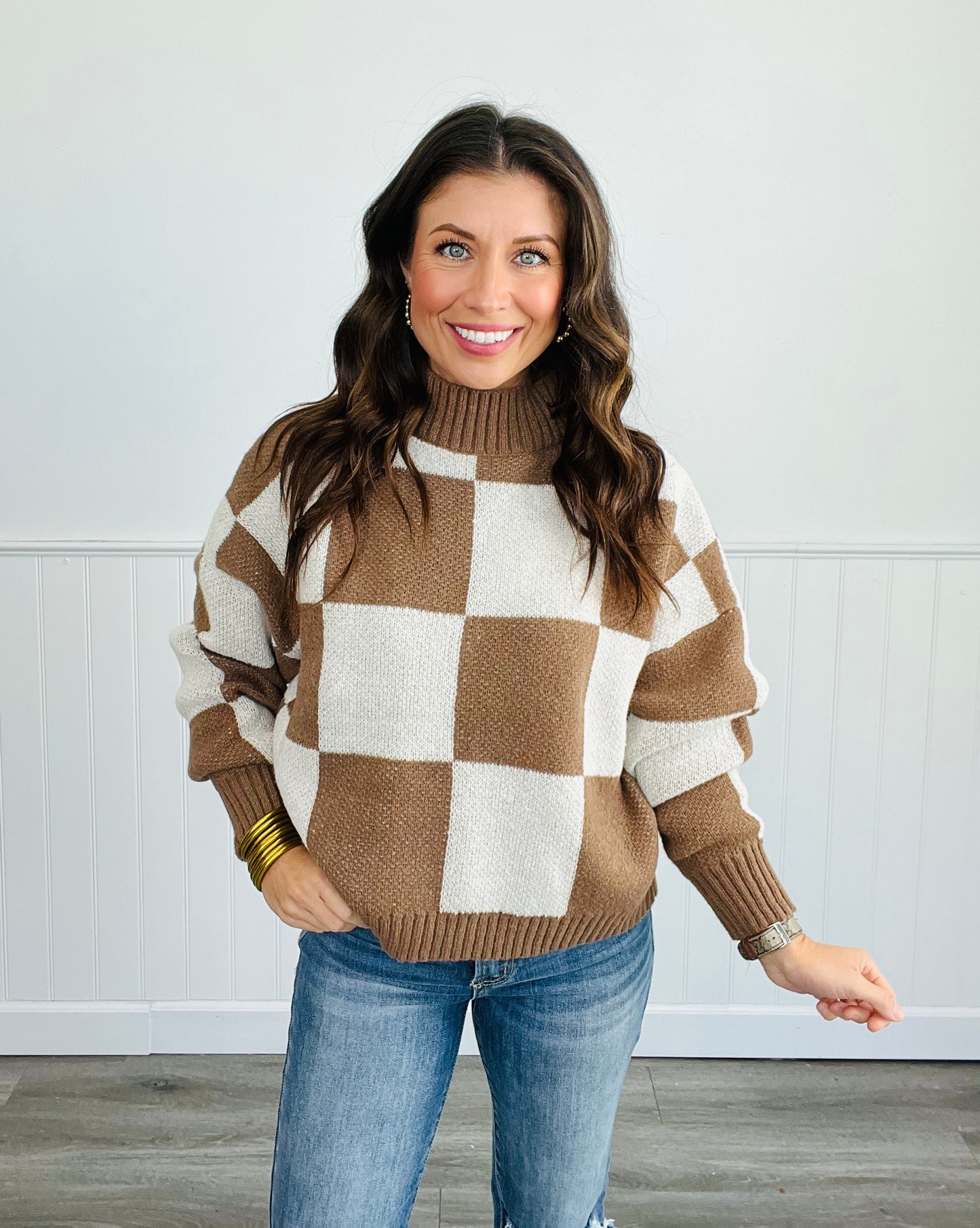 Checkered Crew Neck Knit Sweater Top (Reg.) - 2 Colors