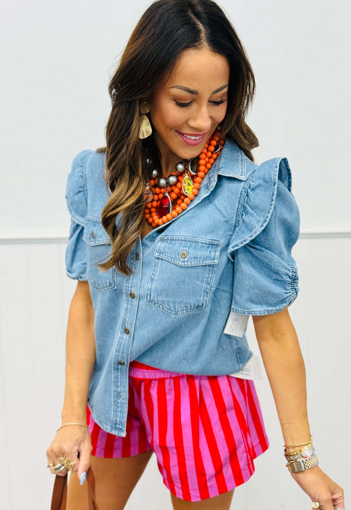 Risen Medium Denim Ruffled Puff Sleeve Shirt (Reg.)