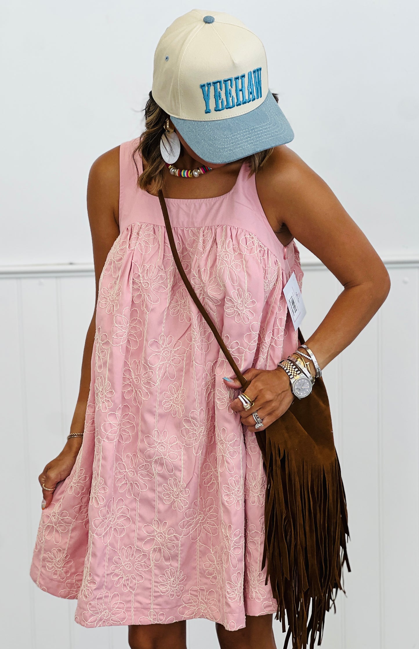 Pink Outline Floral Embroidery Mini Sundress (Reg.)