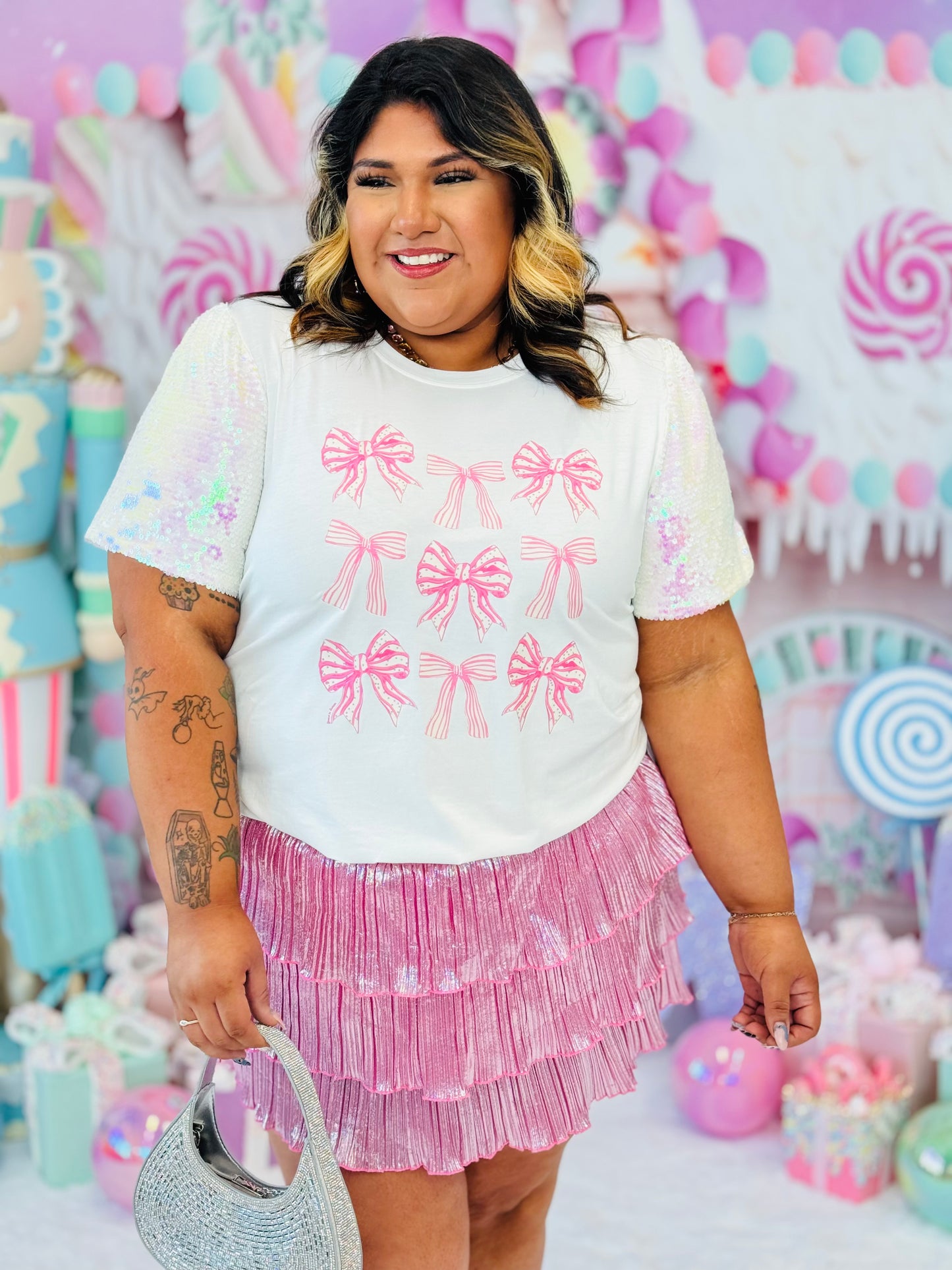 White Bows Sequin Sleeve Top (Reg. and Plus)