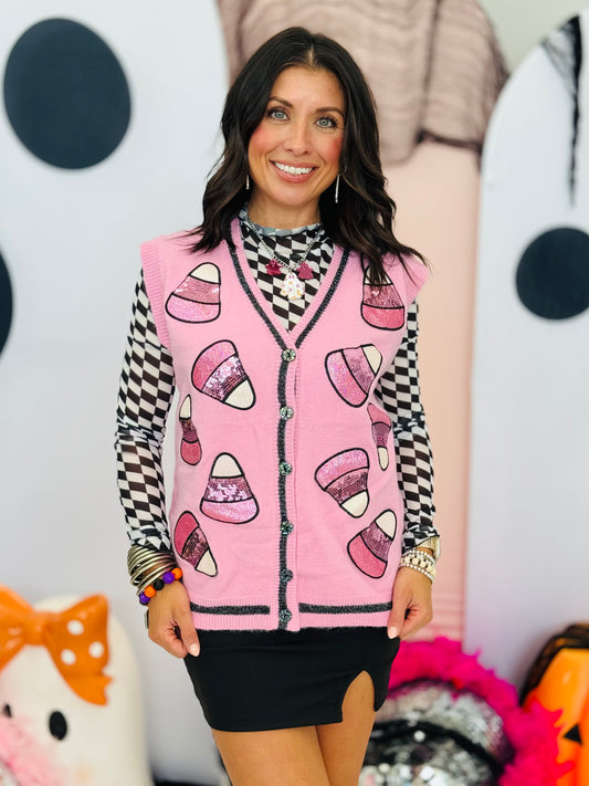 Pink Glitter Sequin Candy Corn Sweater Vest (Reg. and Plus)