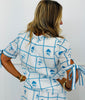 Ivory/Blue Floral Sleeve Tie Blouse (Reg & Plus)