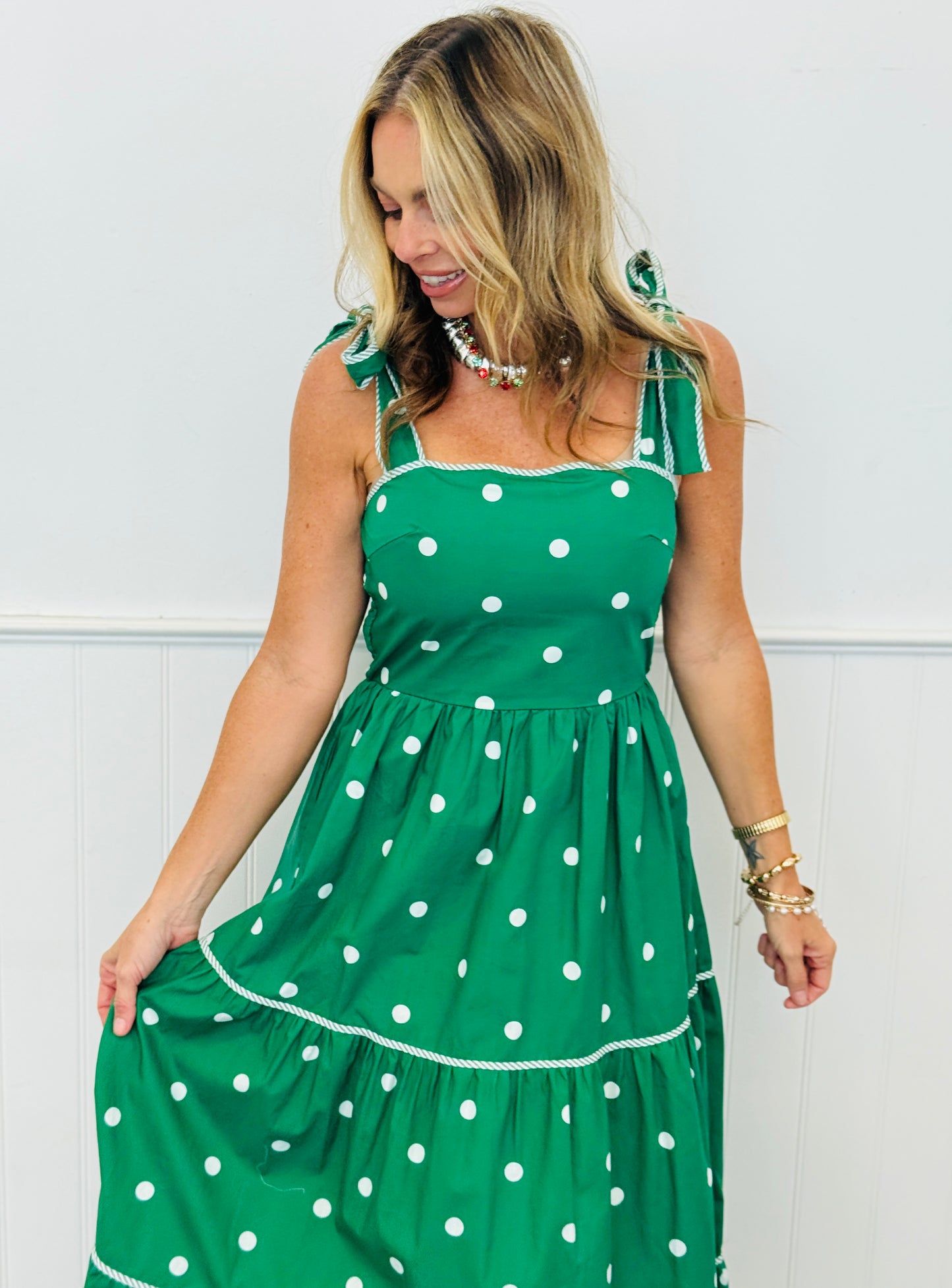Dark Green/Ivory Polka Dot Tiered Maxi Dress (Reg.)