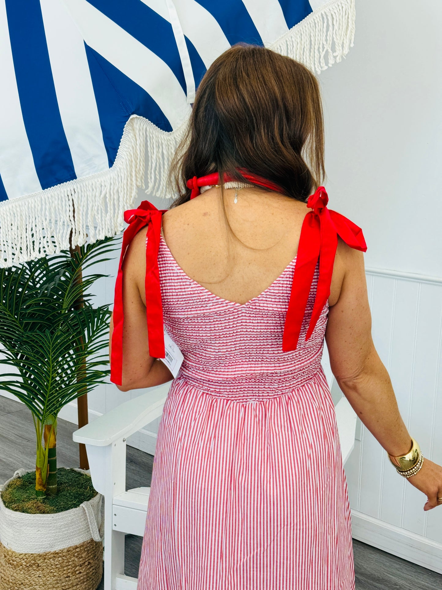 Red Striped Tie Strap Midi Dress (Reg & Plus)