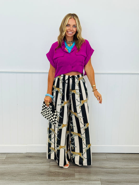 Striped Cheetah Wide Leg Pants (One Size)