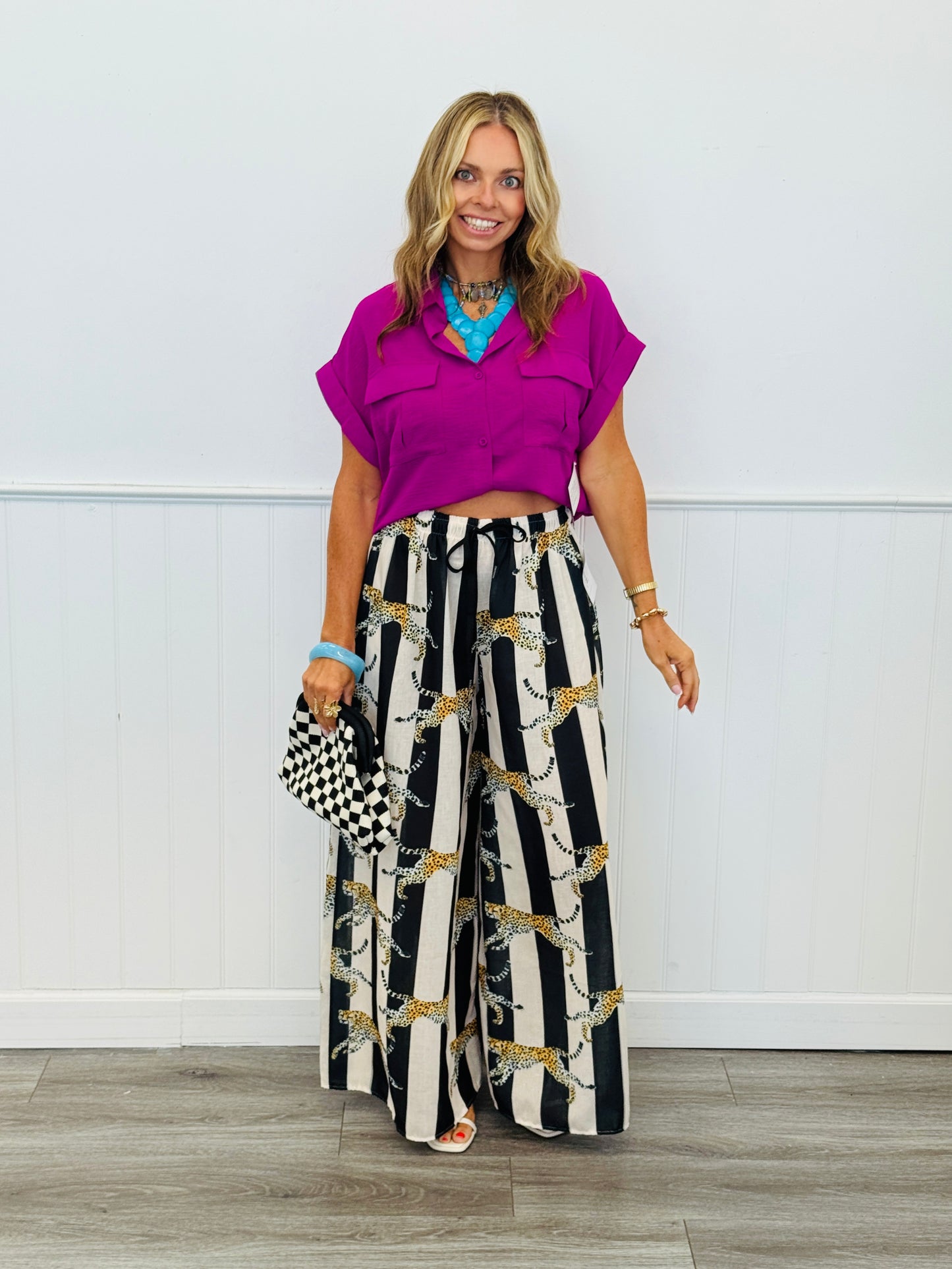 Striped Cheetah Wide Leg Pants (One Size)