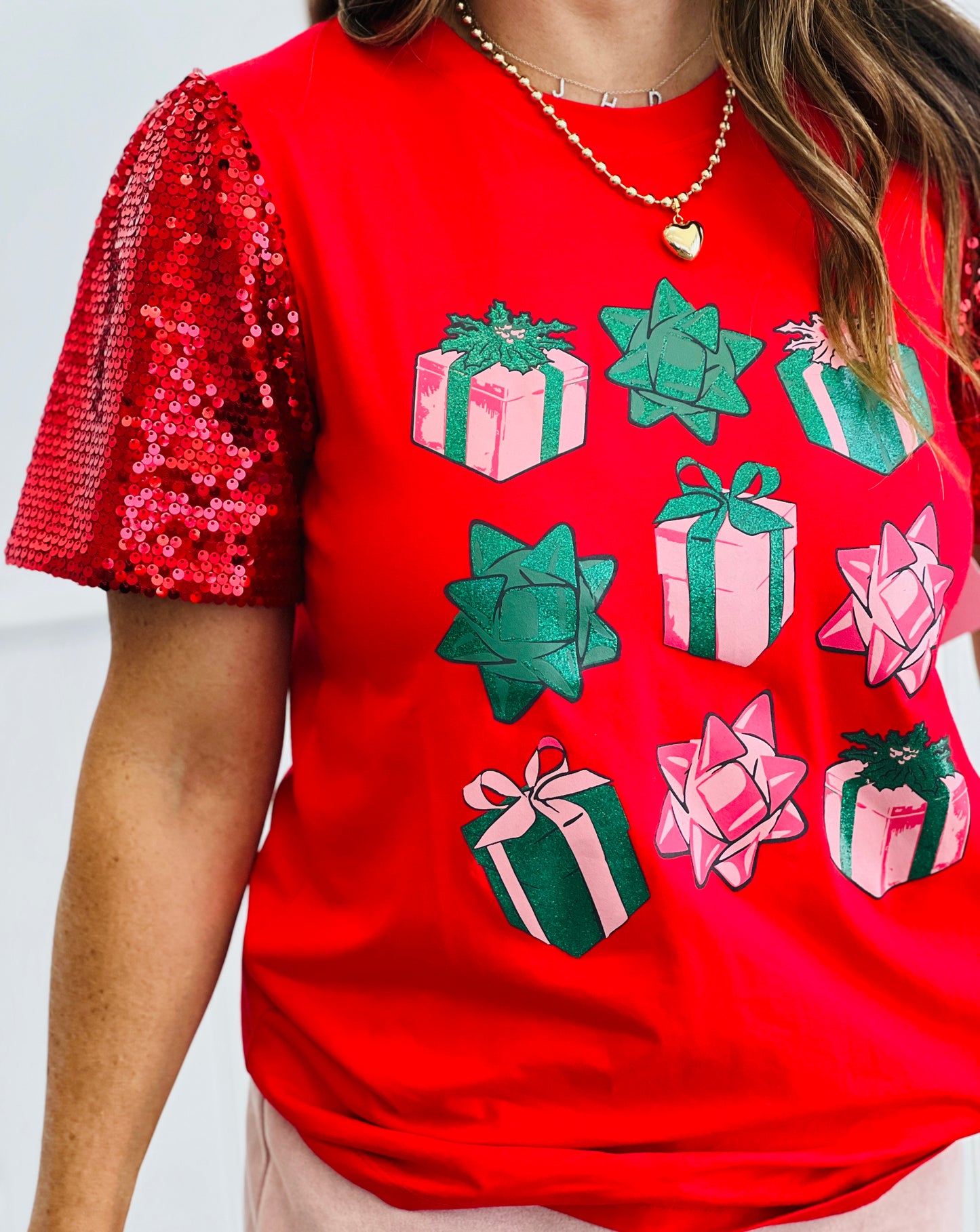 Red Presents & Bows Sequin Sleeve Top (Reg. and Plus)