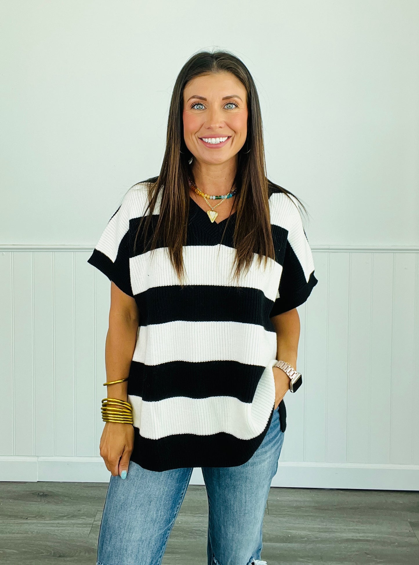 Striped V-Neck Cap Sleeve Top (Reg. and Plus) - 4 Colors