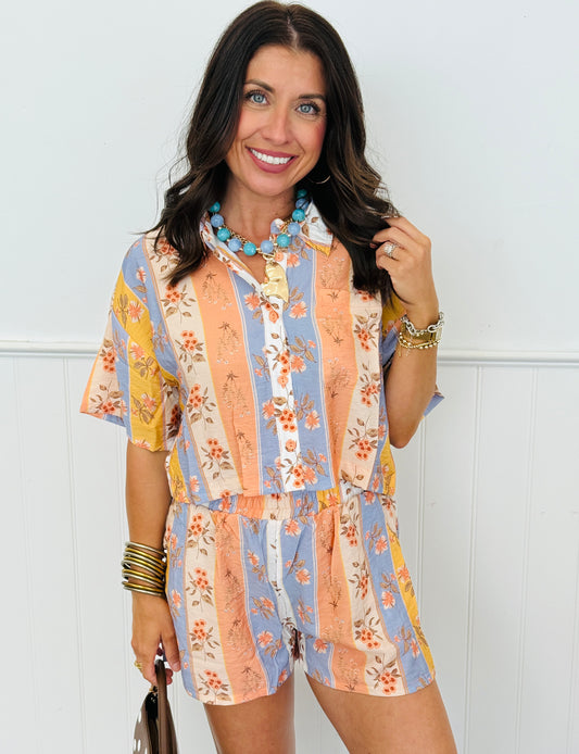 Denim Floral Print Top & Shorts Set (Reg.)
