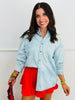 Denim Checkered Santa Rhinestone Button Up Top (Reg. and Plus)