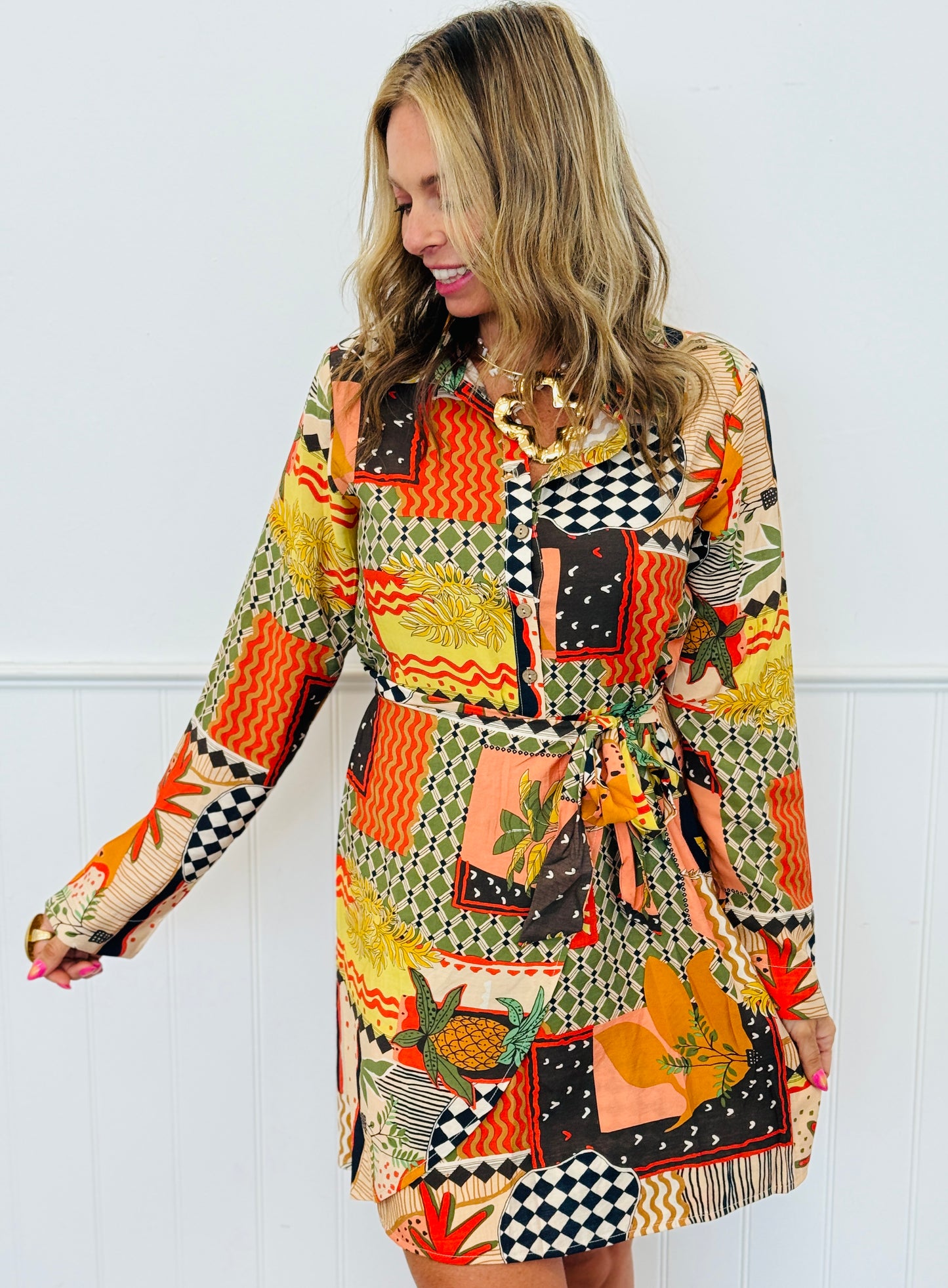 Patchwork Print Front Tie Mini Dress (Reg. and Plus)