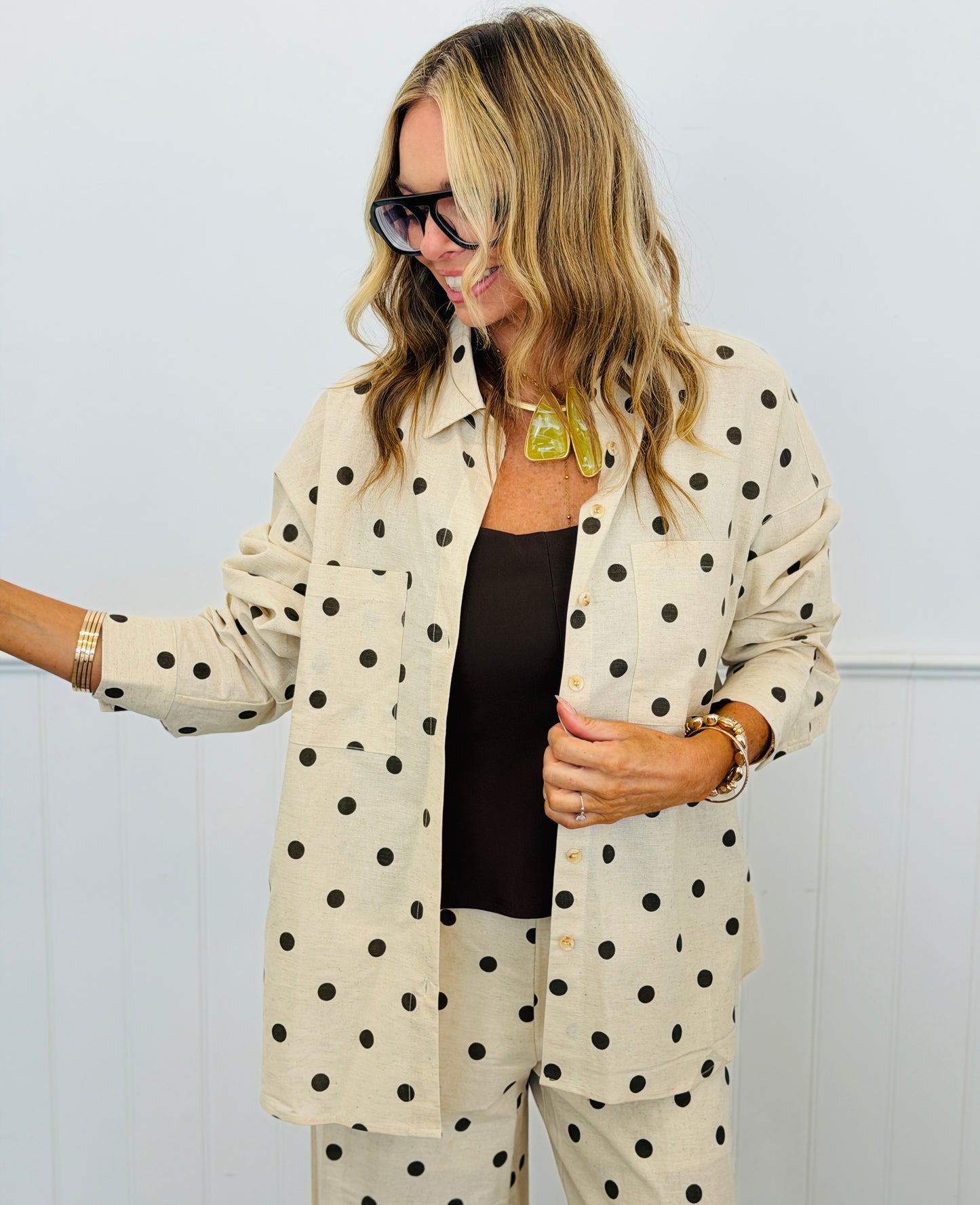 Dark Brown Polka Dot Button Up Shirt (Reg. and Plus)