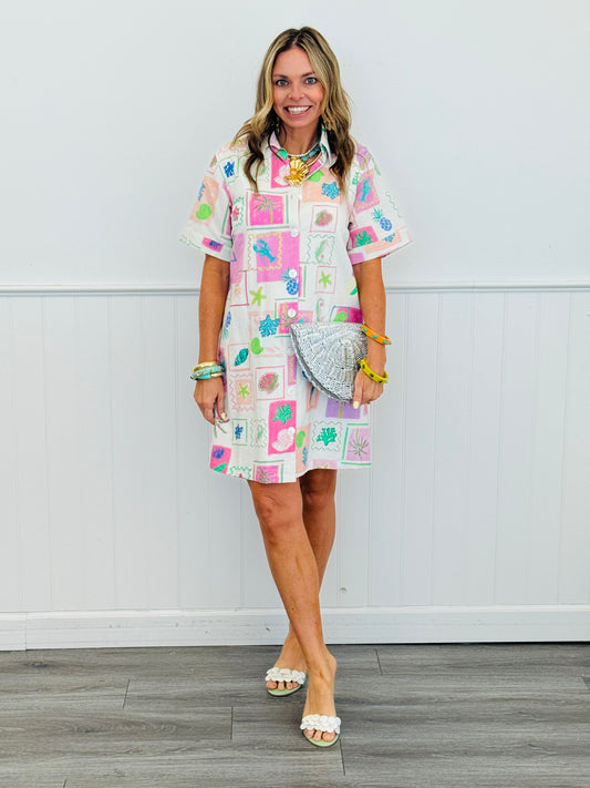 Pink Sea Multi Print Button Up Mini Dress (Reg. and Plus)