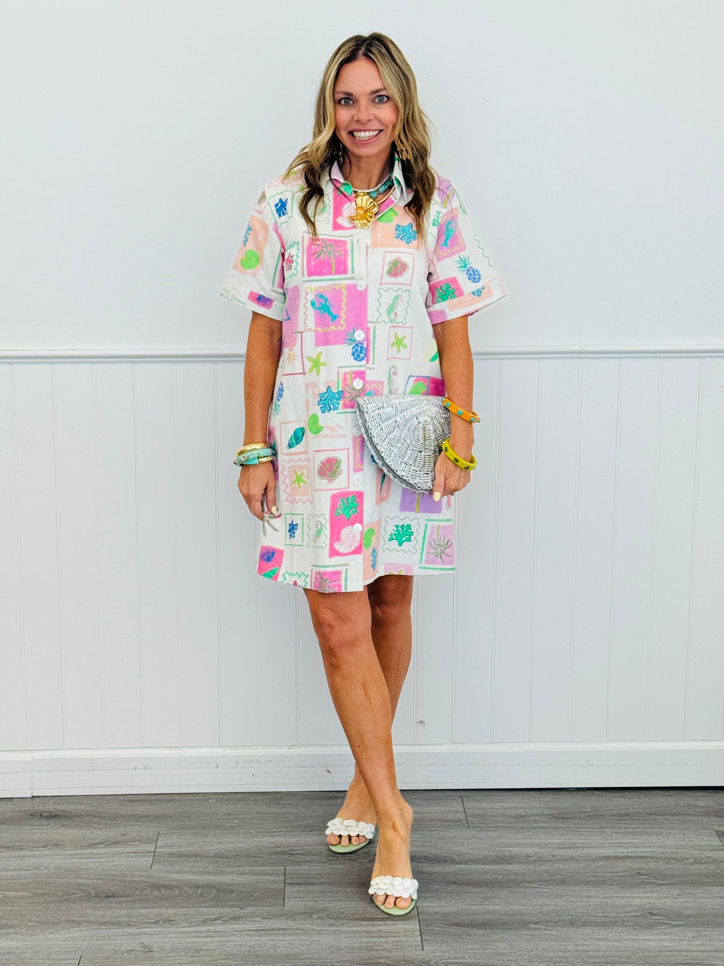 Pink Sea Multi Print Button Up Mini Dress (Reg. and Plus)