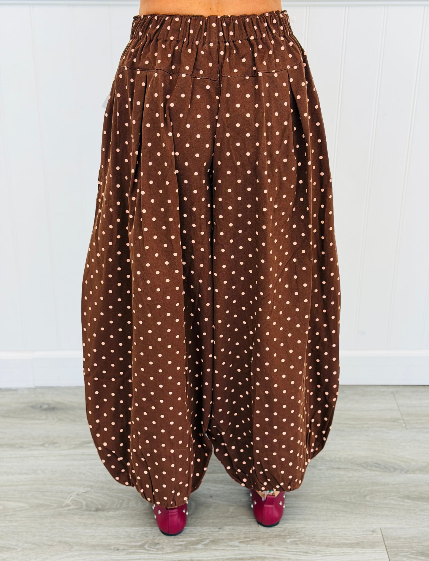 Brown Polka Dot Pleated Balloon Pants (Reg & Plus)