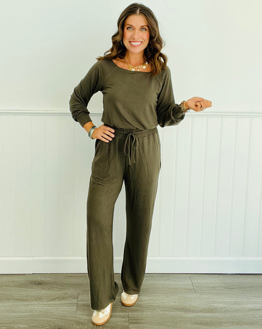 Dark Olive Off Shoulder Lounge Jumpsuit (Reg & Plus)