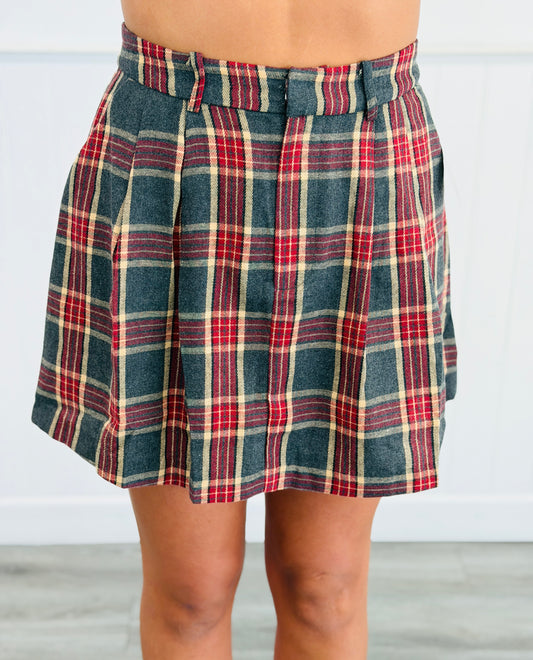 Grey/Red Plaid Pleats Mini Skirt (Reg. and Plus)