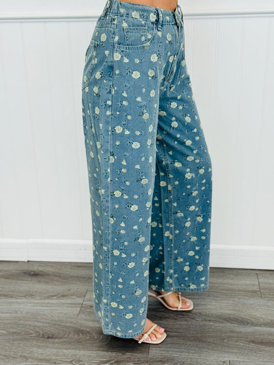 Blue Denim Floral Print Pants (Reg & Plus)