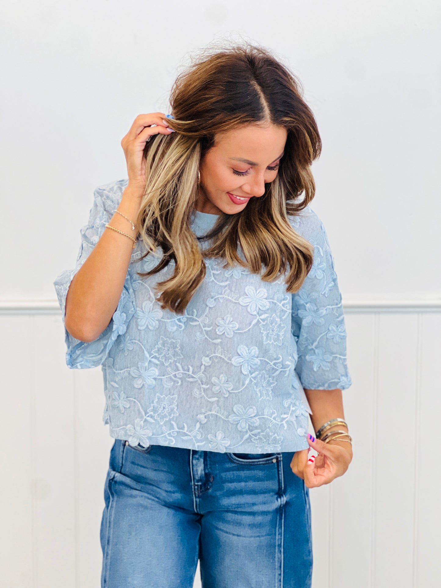 Floral  Embroidered Mesh Babydoll Top  (Reg & Plus)-2 Colors