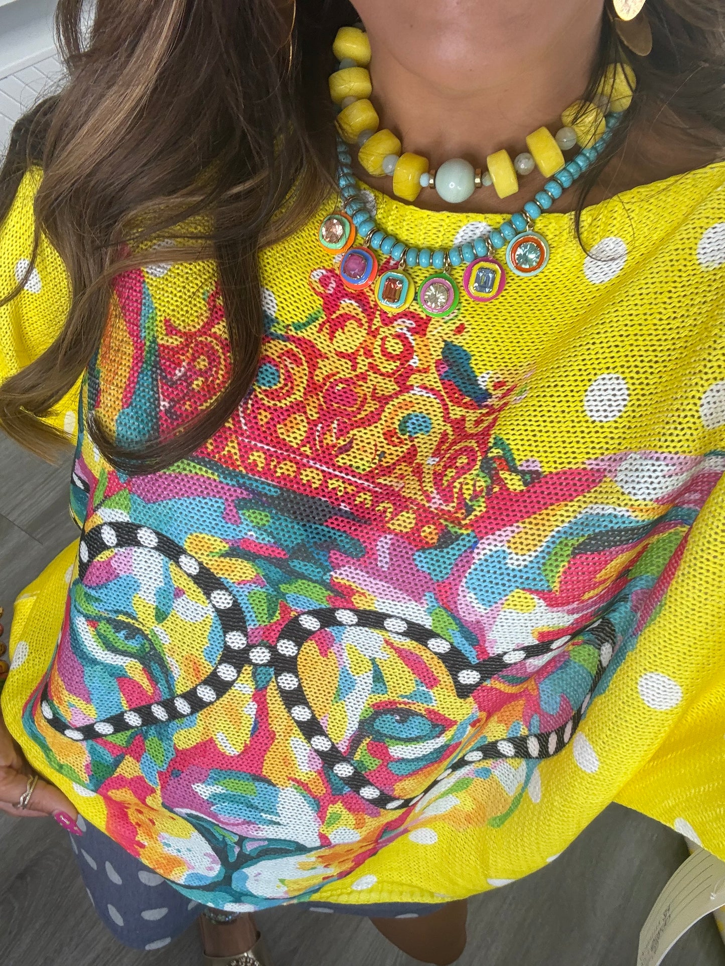 Yellow Polka Dot Leopard Crowned & Colorful Pullover Top (One Size)