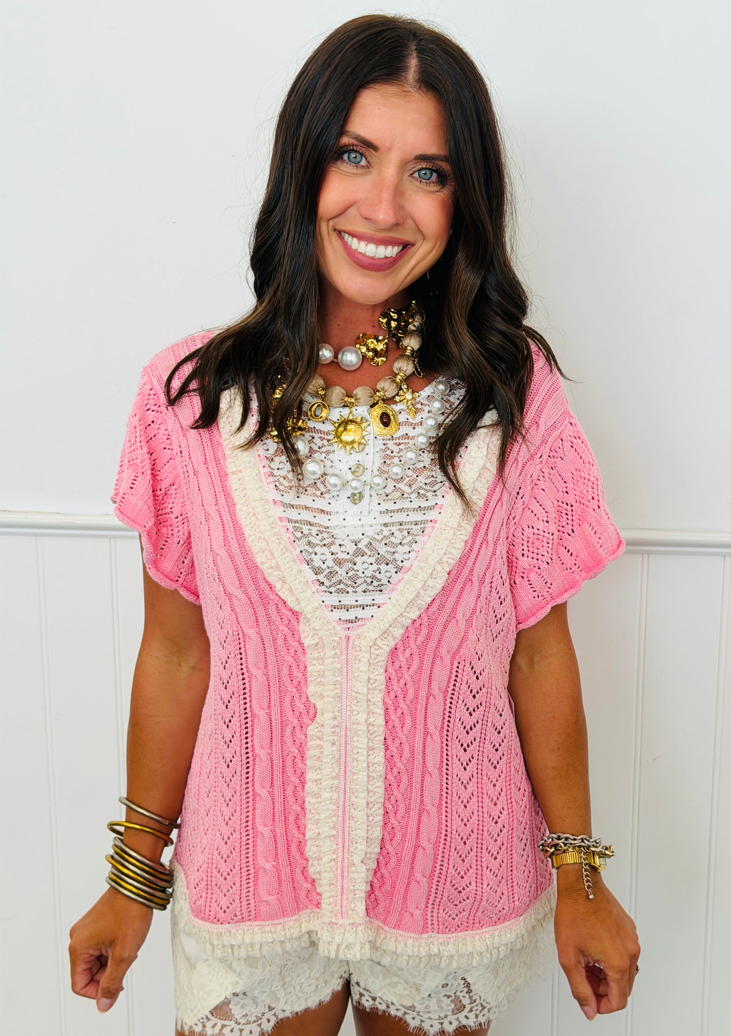 POL Peony Pink Lace Trim Sweater Top (Reg.)
