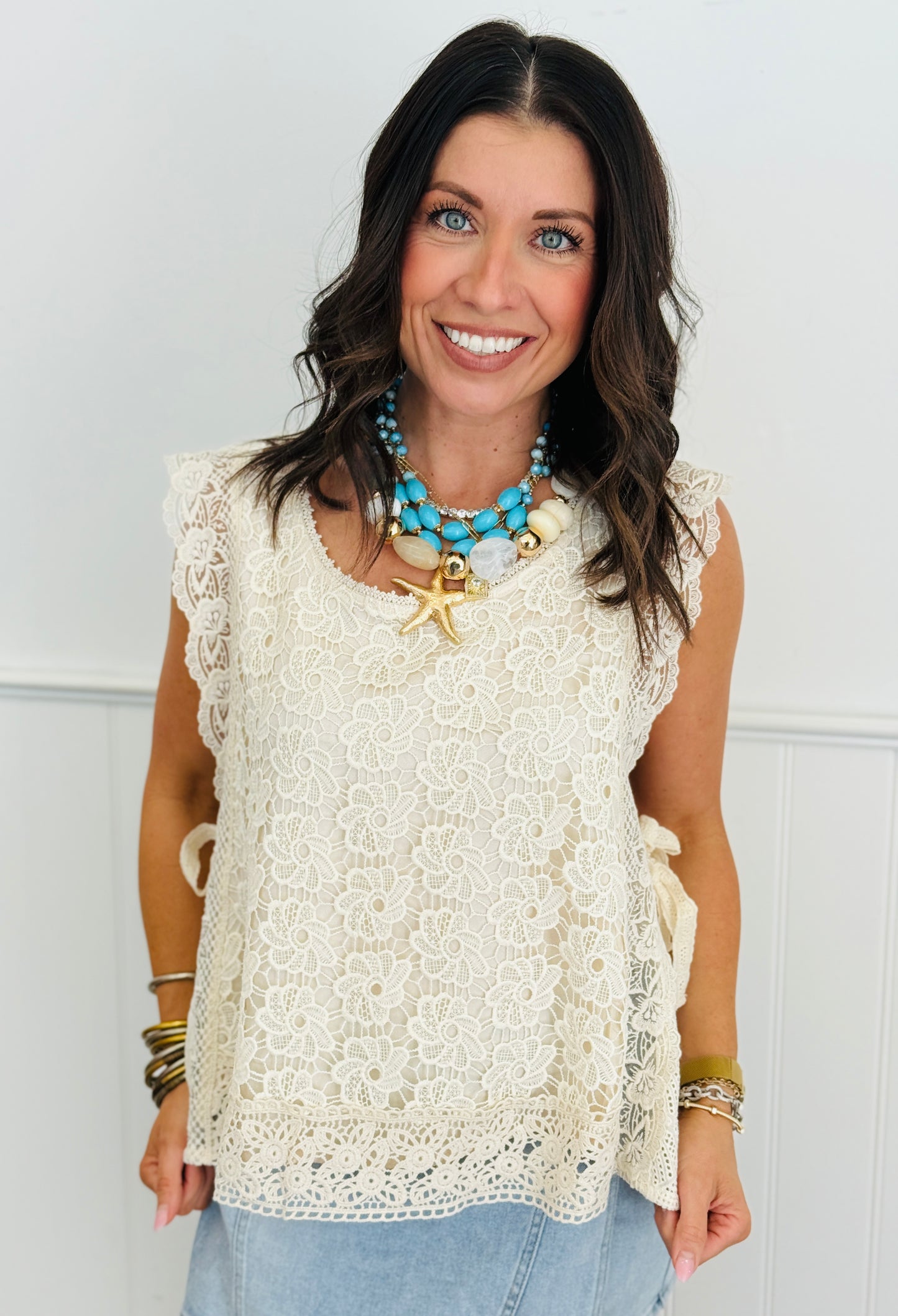 Cream Crochet Sleeveless Top (Reg. and Plus)