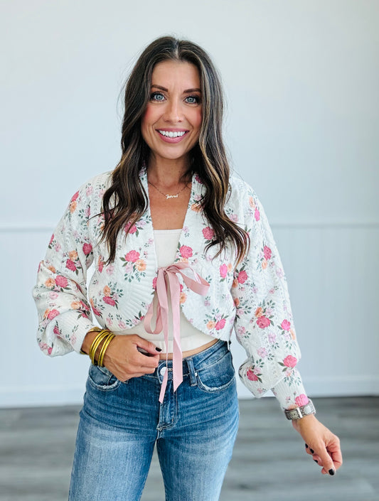 Tie Front Floral Bouquet Crop Cardi (Reg)