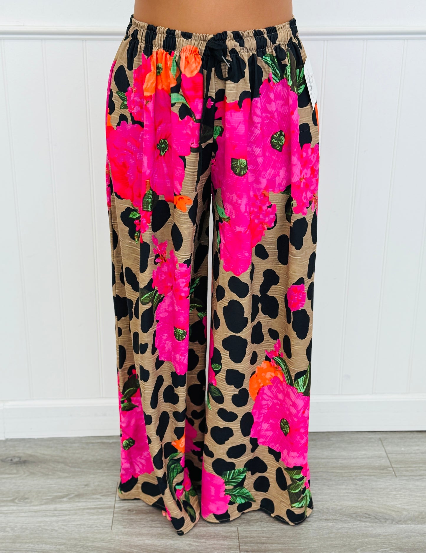 Cheetah Floral Drawstring Palazzo Pants (One Size)