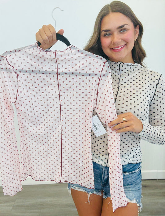 Polka Dot Mesh Contrast Piping Top (Reg & Plus)-2 Colors