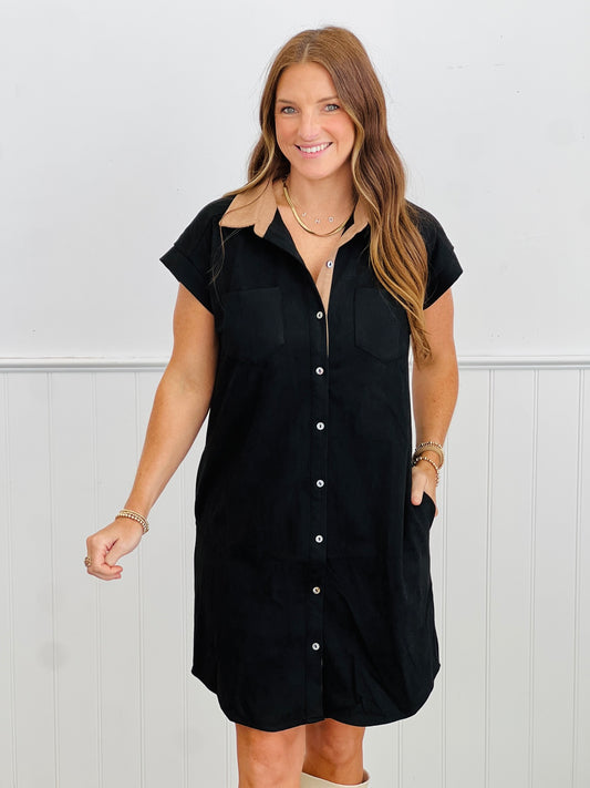 Black Twill Suede Mini Shirt Dress  (Reg & Plus)