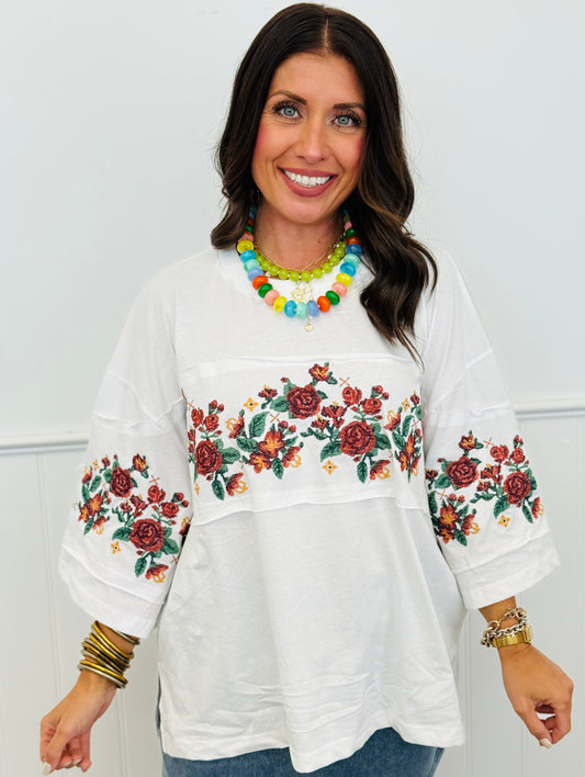 White Floral Embroidered Boxy Top (Reg & Plus)