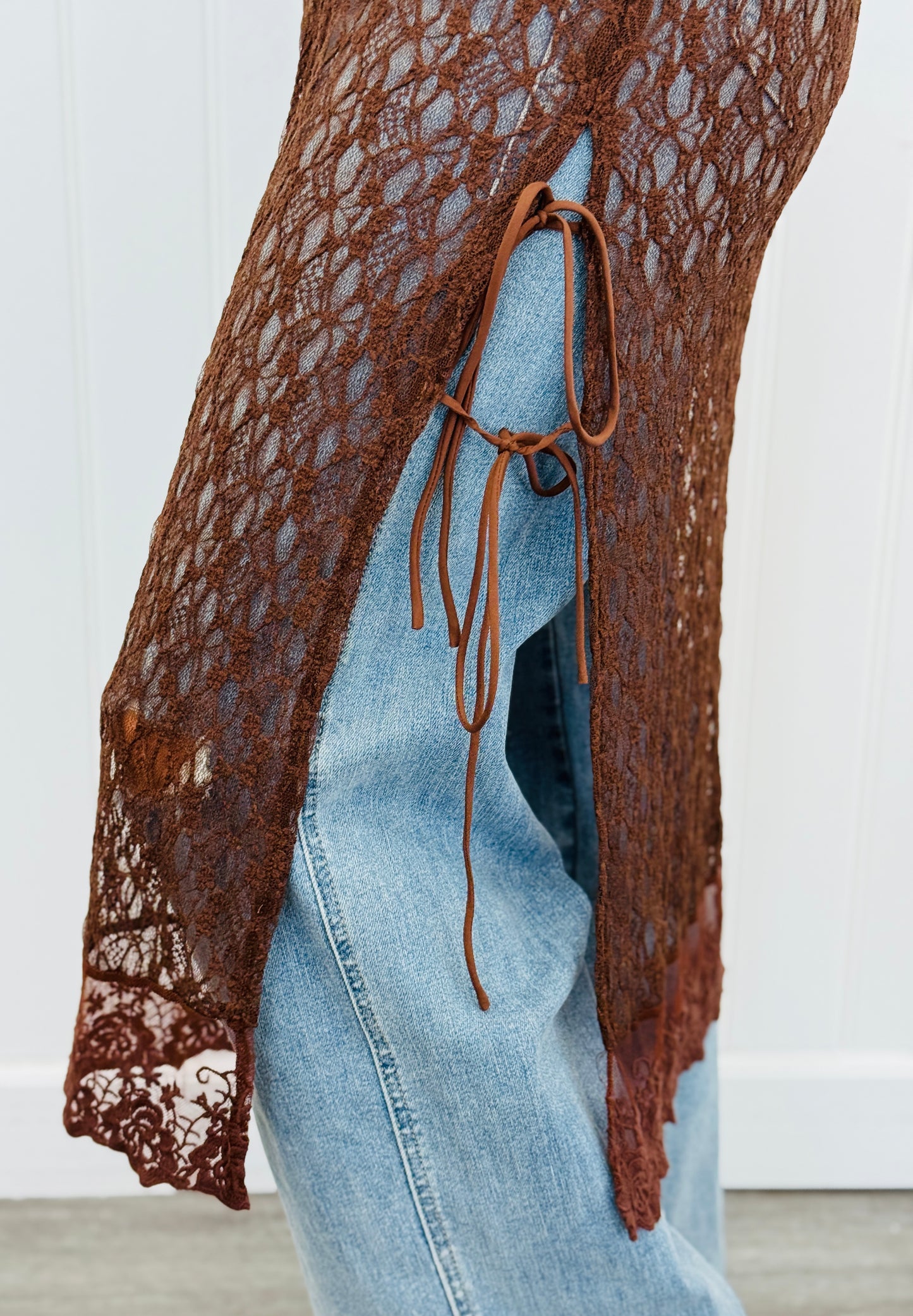 Brown Lace Side Slit Longline Top (Reg.)