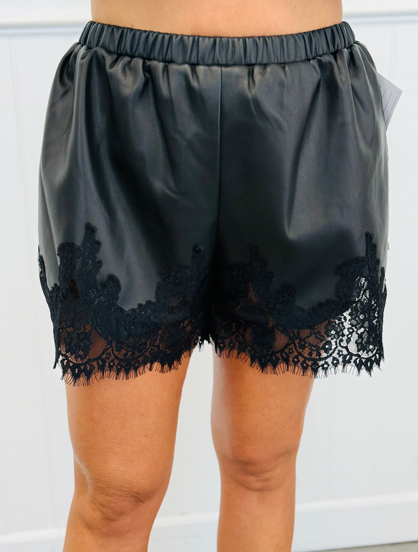 Black Faux Leather Lace Trim Shorts (Reg.)