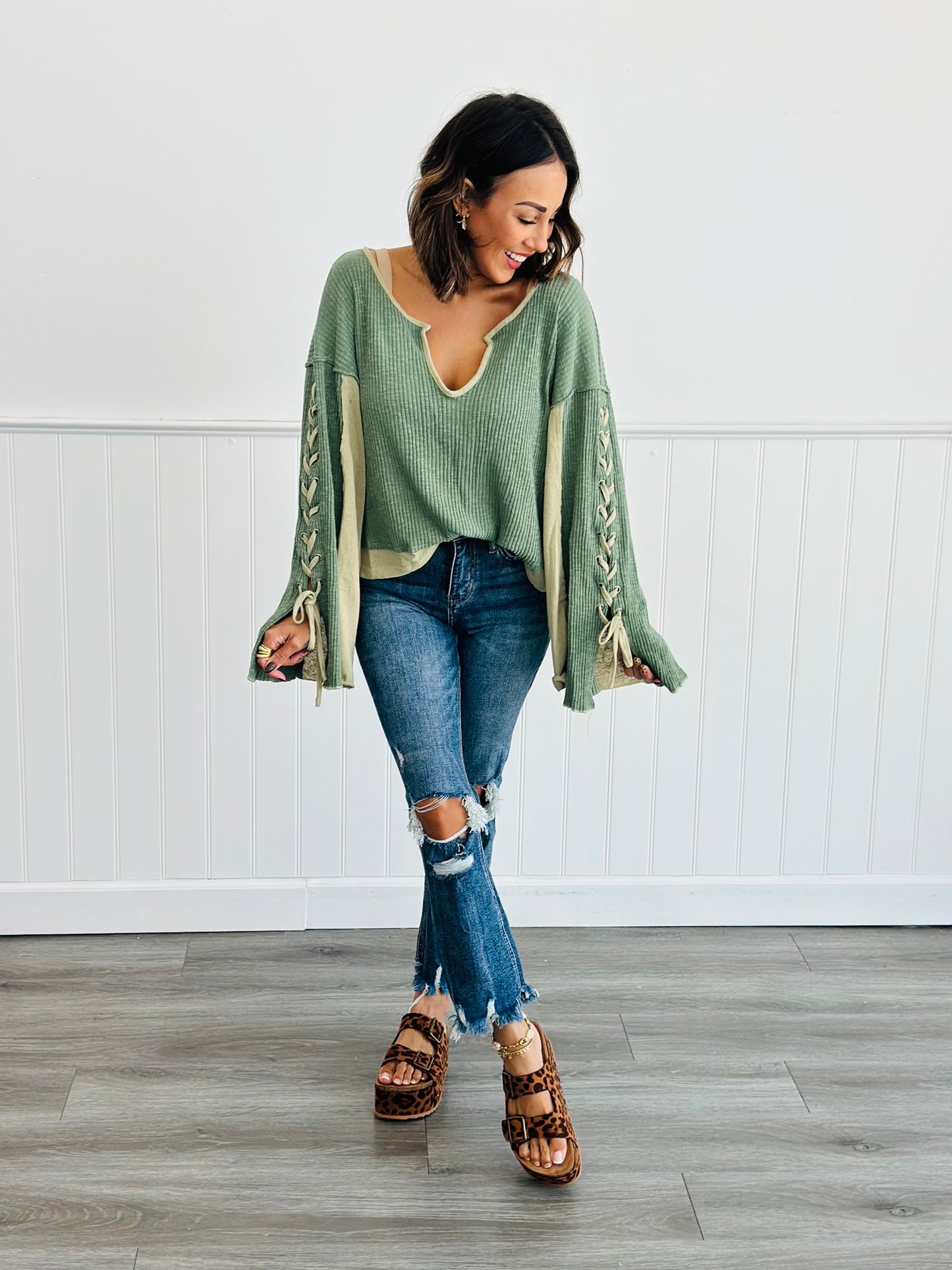 POL Pickle Green Lace Up Sleeve Top (Reg)