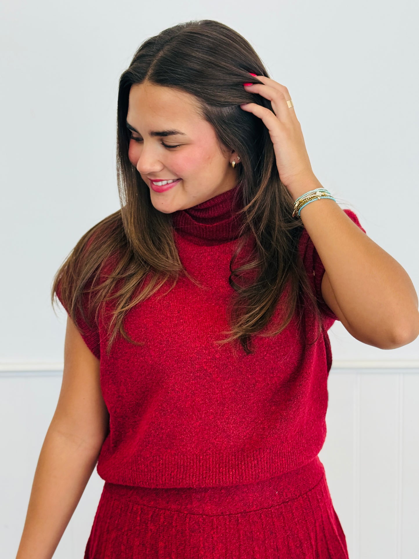 Red Turtleneck Sweater & Pleated Mini Skirt Set (Reg.)