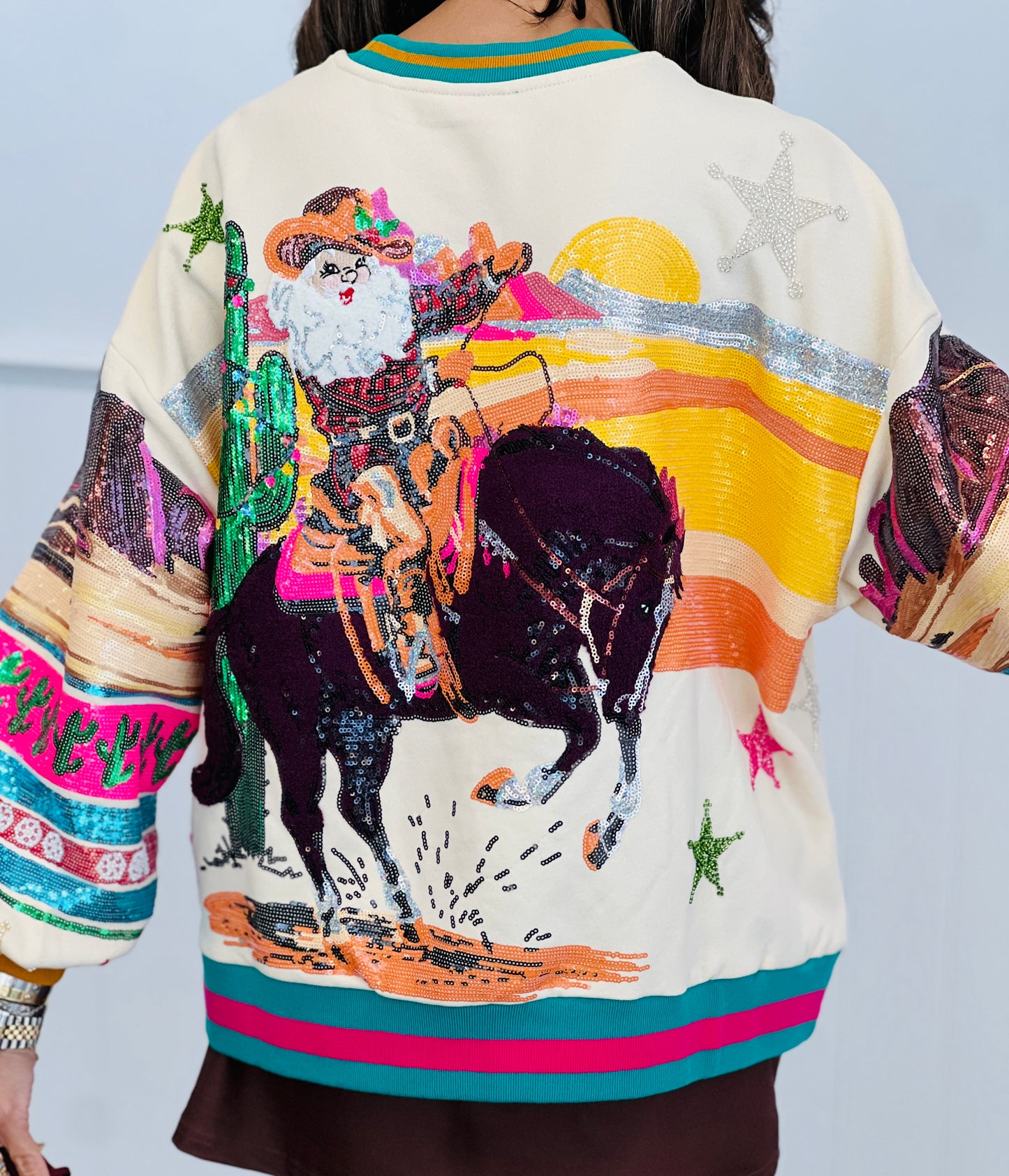 Queen Of Sparkles Multi Vintage Cowboy Santa Sweatshirt (Reg. and Plus)