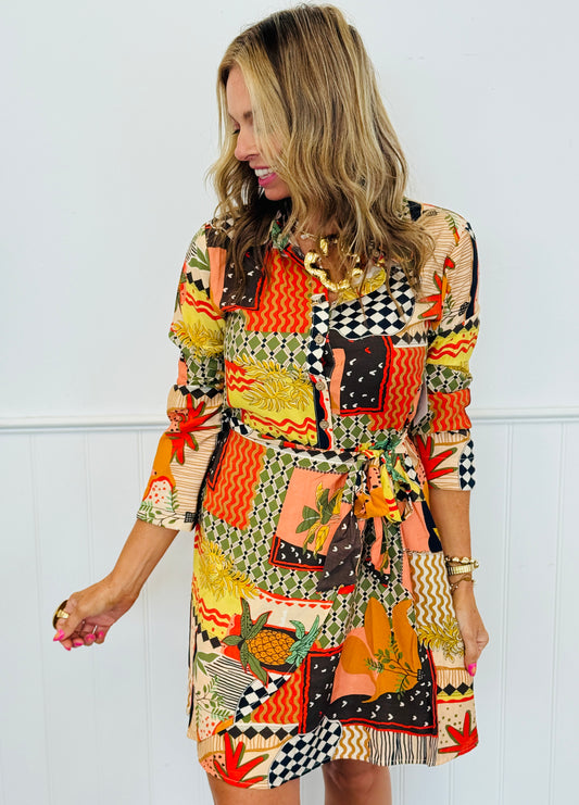 Patchwork Print Front Tie Mini Dress (Reg. and Plus)