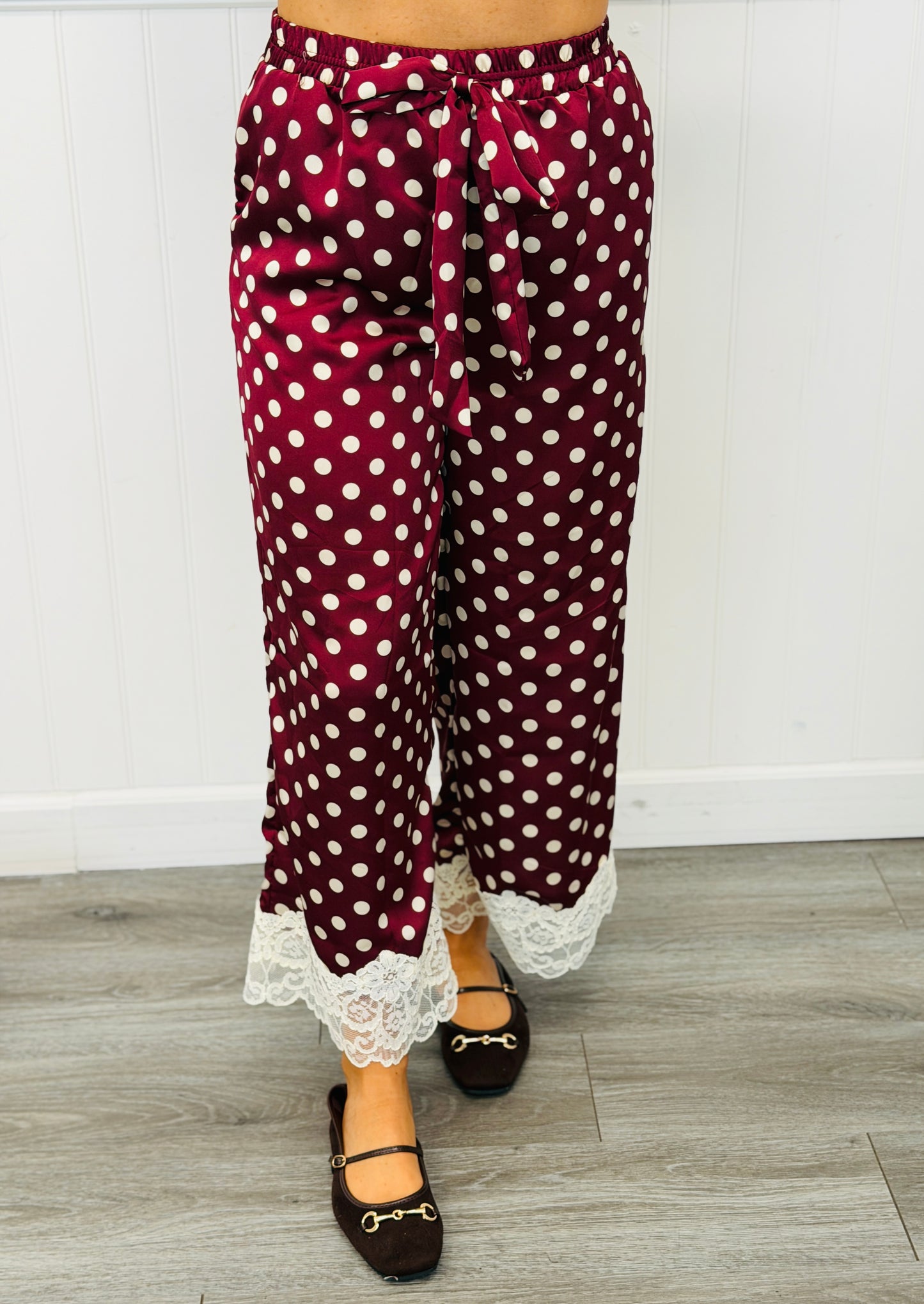 Burgundy/Cream Silk Satin Polka Dot Pants (Reg & Plus)