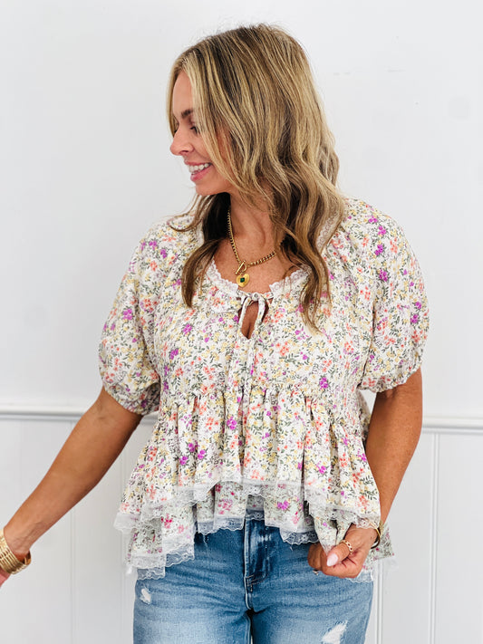 POL Ivory Floral Print Double Ruffle Blouse (Reg.)