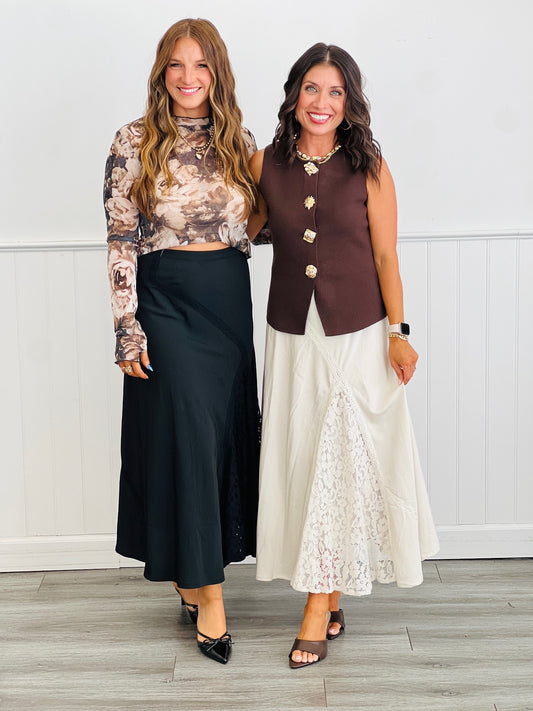 Satin & Lace Midi Skirt (Reg.)-2 Colors