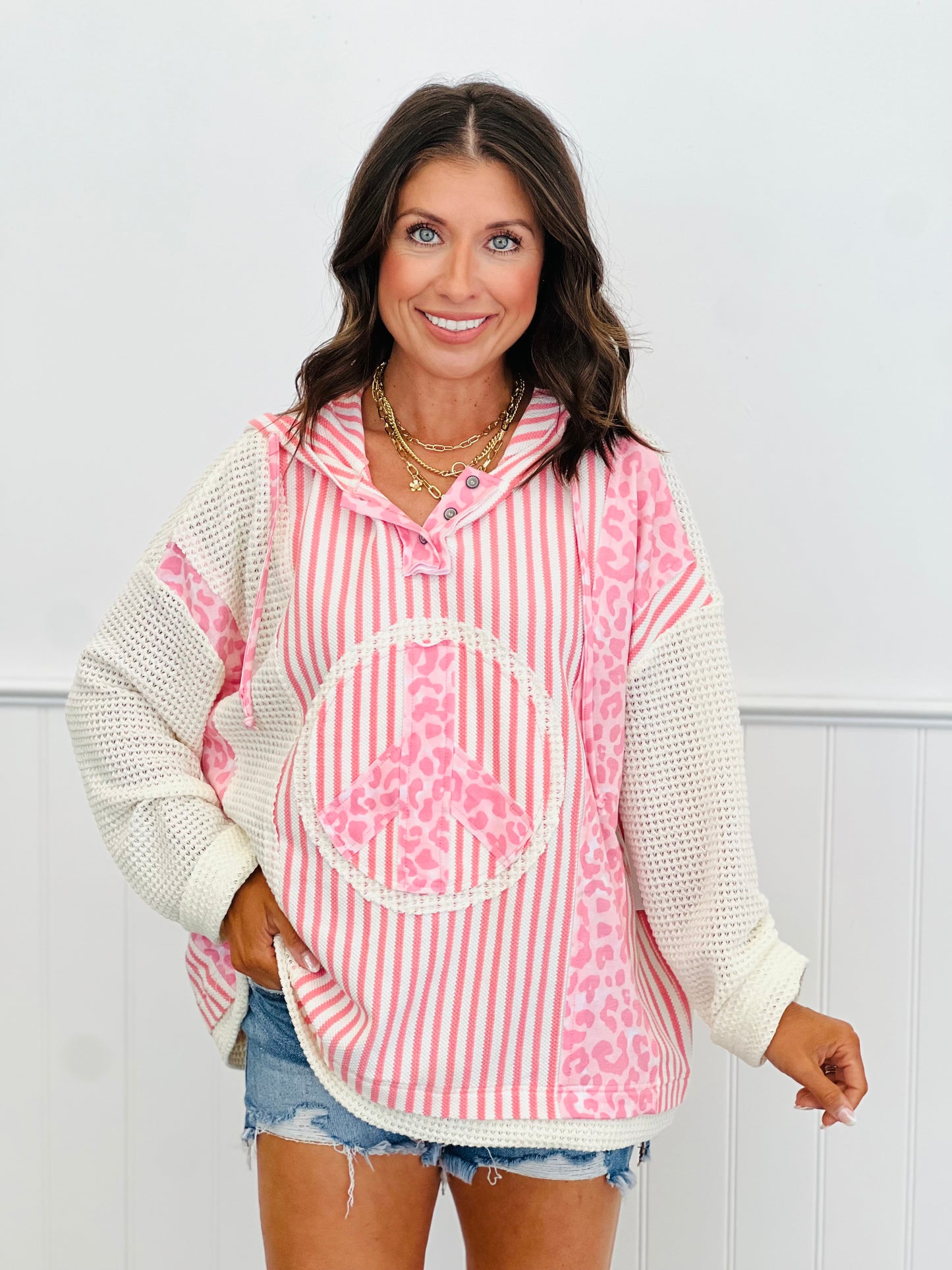 Leopard Stripe Peace Hoodie Top (Reg & Plus)